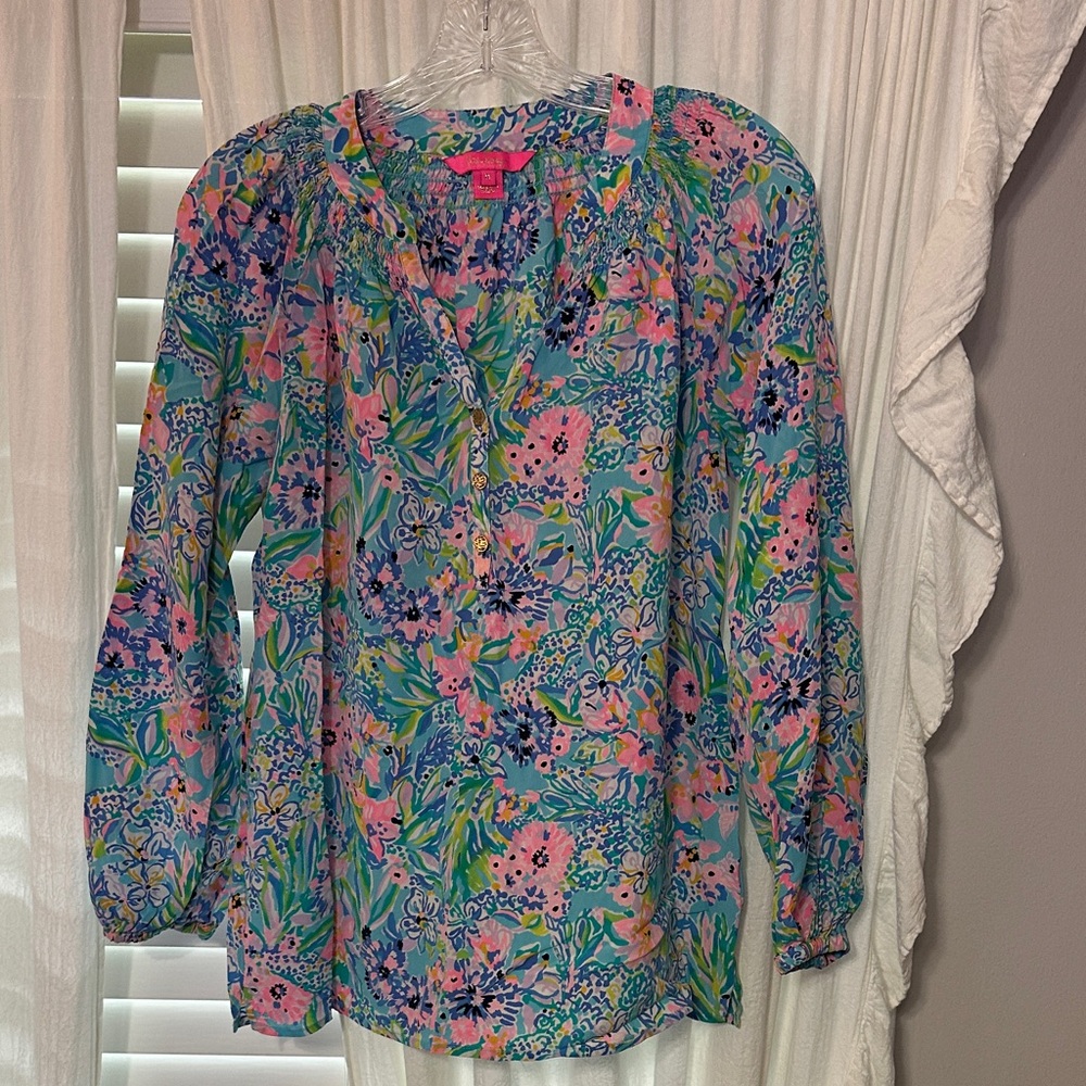 Lilly Pulitzer Floral Blouse - Blue, Pink, and Green